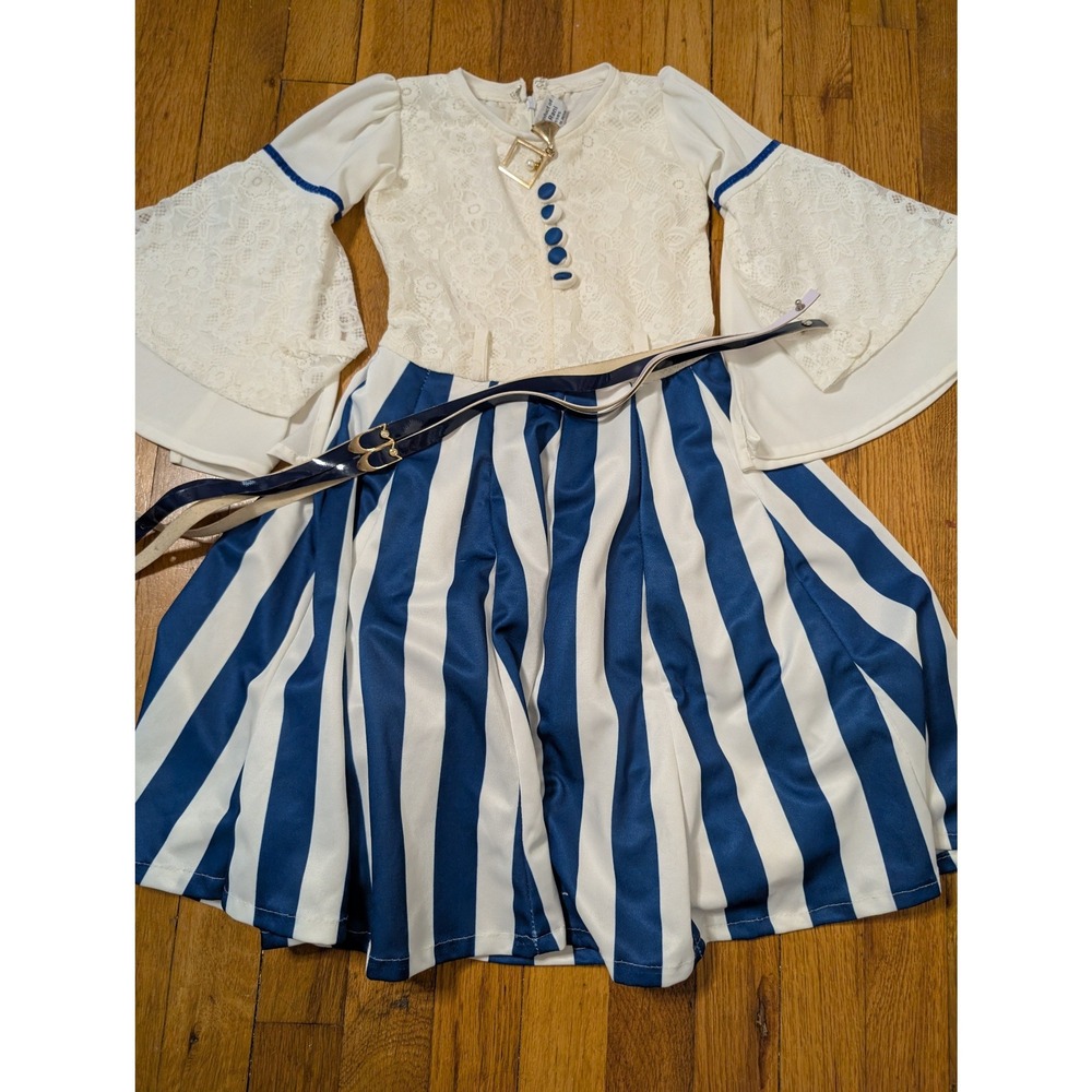KB Rani Mimi Girls Blue White Striped Lace Bell Sleeve Dress with Belt Size‎ 24